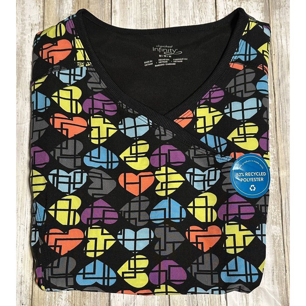 NWT Cherokee Mock Wrap Scrub Top Black Hearts‎ Size Medium. CK608 Love-u Mod-ly